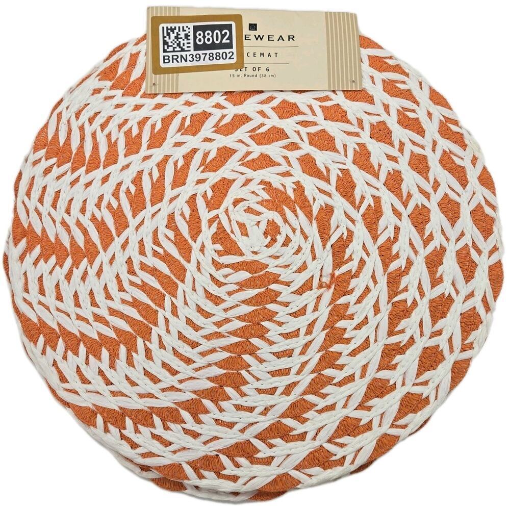 Orange White Spiral Homeware Woven Placemats 15” Round Set Of 6 100% Paper NEW!